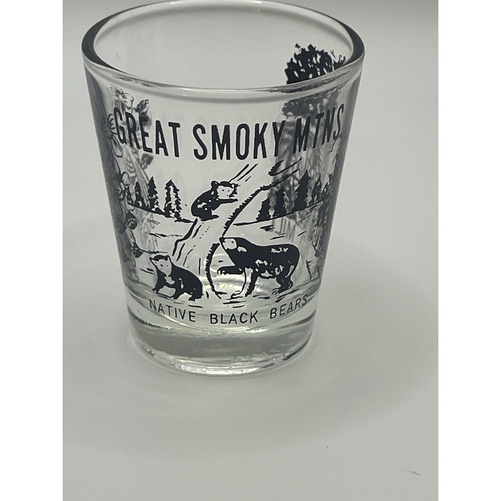 Great Smoky Mtns Clear Shot Glass Black Bears Dogwood Flowers Old Mill